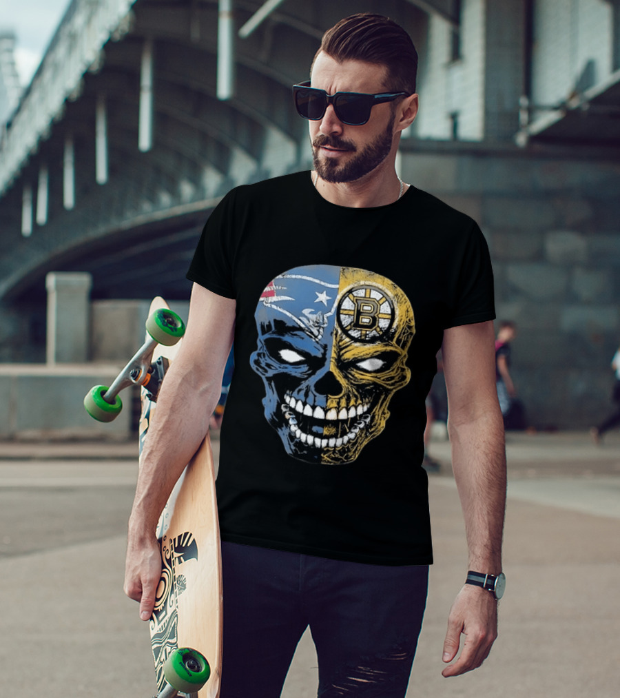 Boston Sports Skull New England Patriots Boston Bruins Fan Fusion T-Shirt
