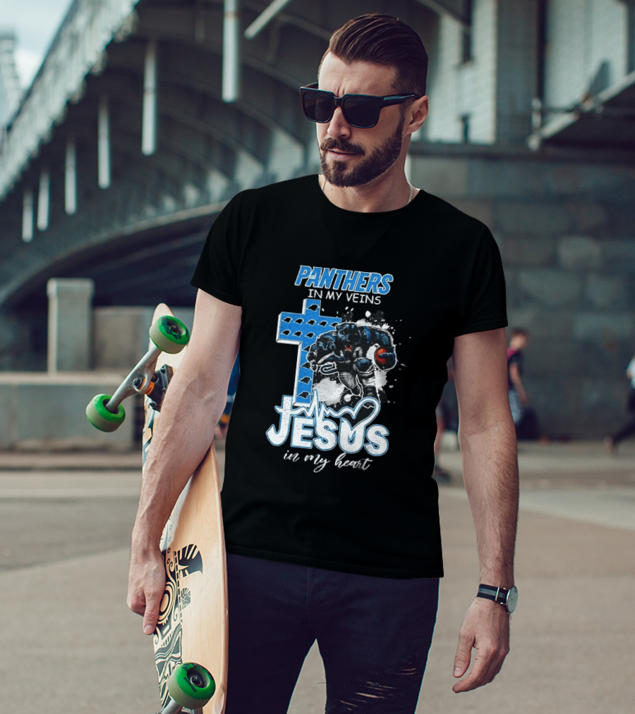 Panthers In My Veins Jesus In My Heart Carolina Football Athlete Cross T-Shirt