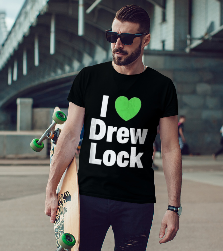 I Love Drew Lock Green Heart Silver White Gradient Letters T-Shirt