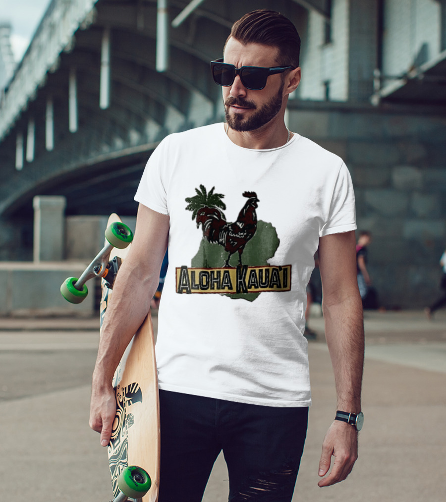 Aloha Kauai Red Rooster Palm Tree Island Map T-Shirt