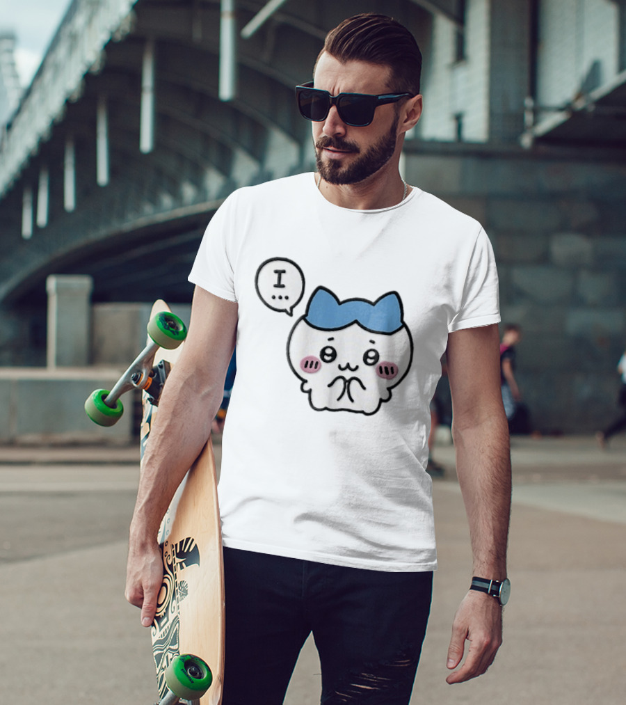 Shy White Cat With Blue Ears Blushing Expression Speech Bubble Text I T-Shirt