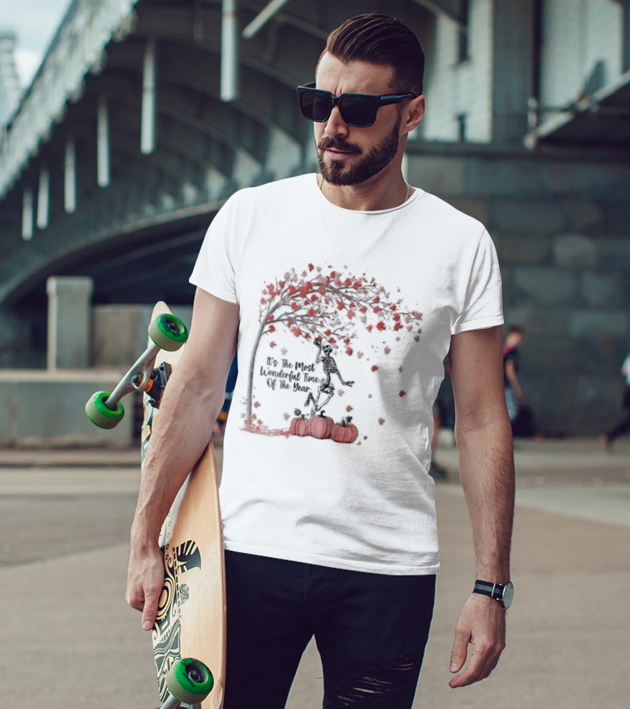 It's The Most Wonderful Time Of Year Dancing Skeleton Autumn Tree Pumpkins T-Shirt