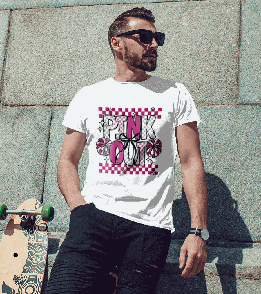 Pink Out Checkerboard Cheerleader Pom Poms Black Ribbon Bow Sparkles T-Shirt