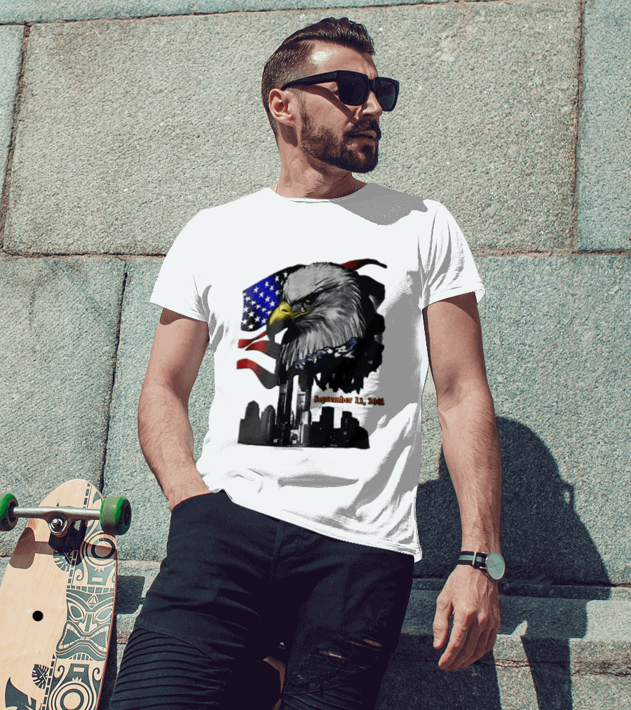 September 11 2001 Twin Towers New York Skyline Crying Bald Eagle American Flag T-Shirt