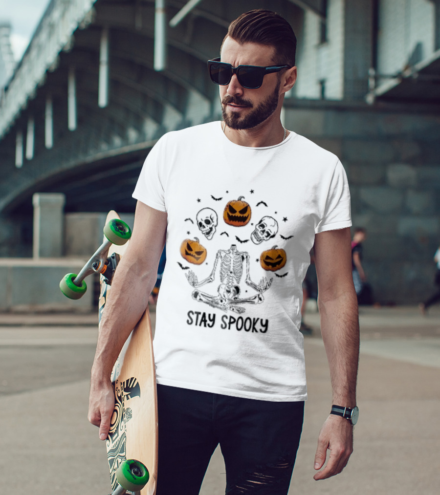 Stay Spooky Headless Skeleton Meditating Floating Skulls Pumpkins Bats Halloween T-Shirt