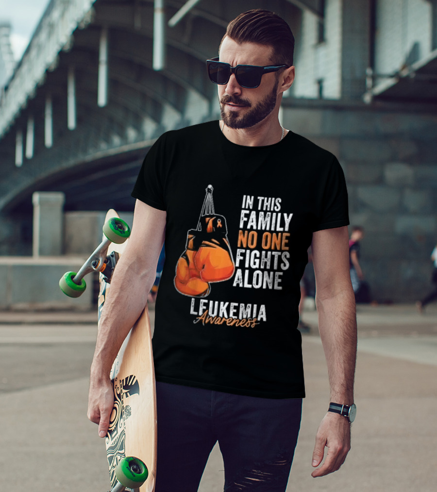 In This Family No One Fights Alone Leukemia Awareness Orange Boxing Gloves T-Shirt