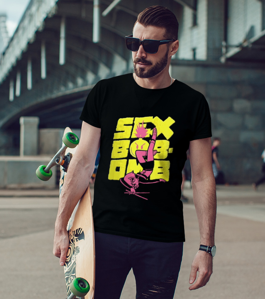 Sex Bob Omb Inverted Pink Cartoon Drummer With Drumsticks Bold Yellow T-Shirt