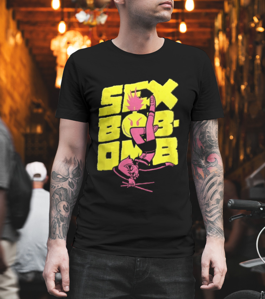 Sex Bob Omb Inverted Pink Cartoon Drummer With Drumsticks Bold Yellow T-Shirt