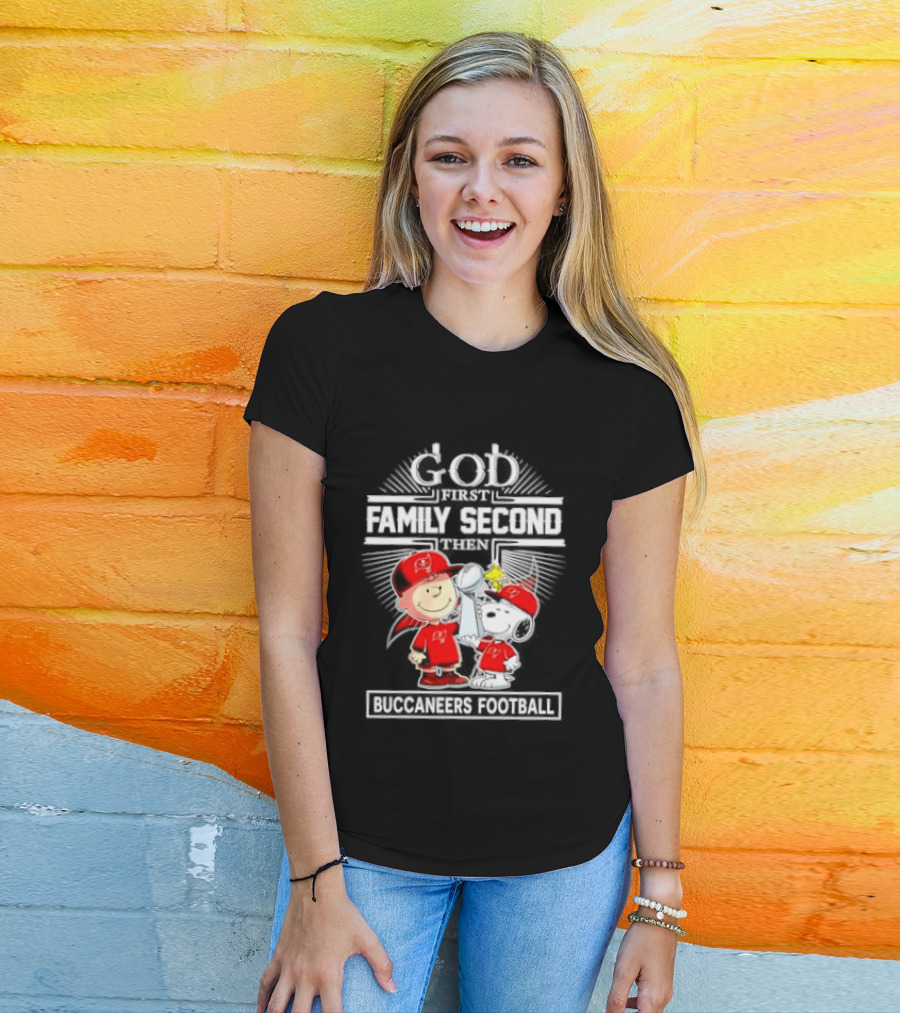 Snoopy God First Family Second Then Buccaneers Football Fan Gear T-Shirt