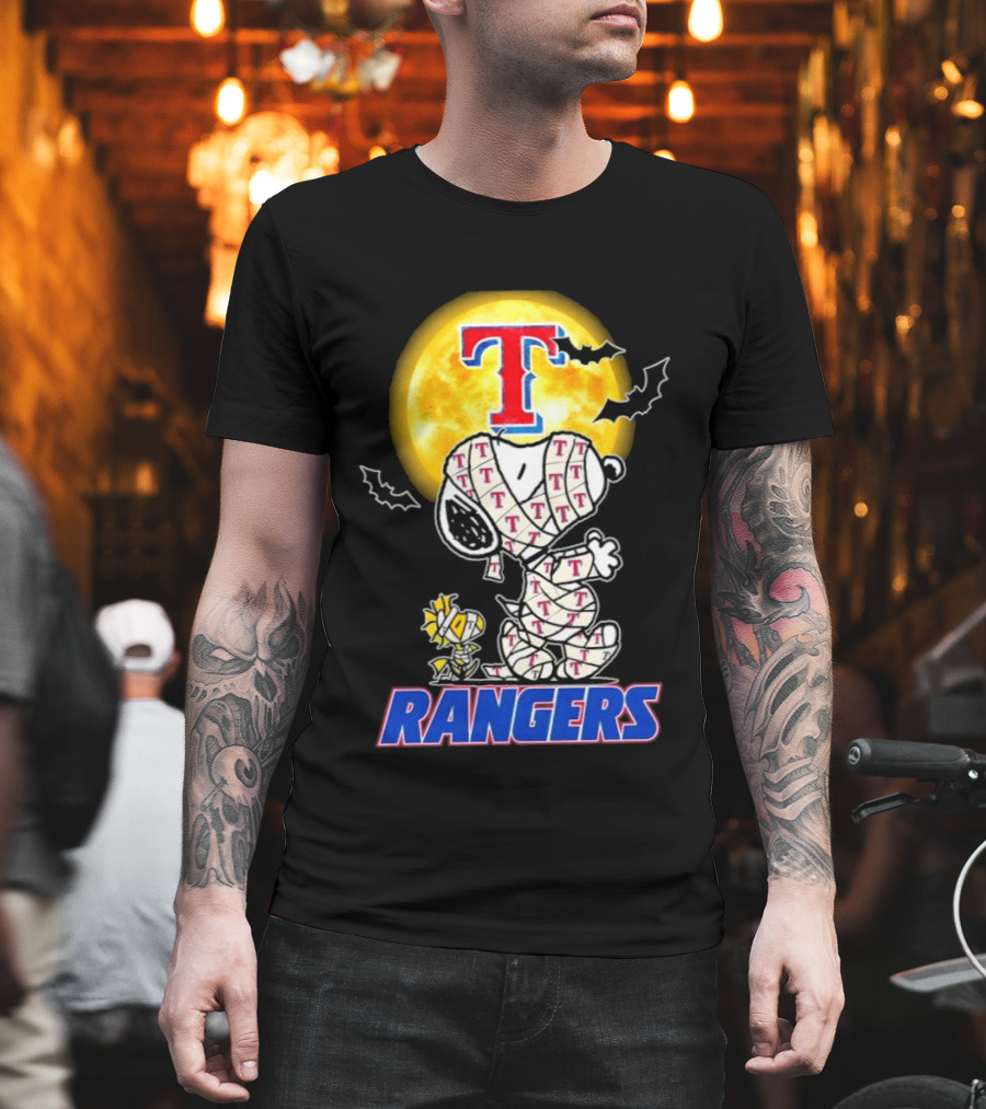 Texas Rangers Snoopy Woodstock Mummy Halloween Collaboration T-Shirt