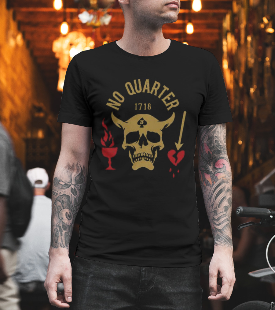 No Quarter 1718 Skull Red Heart Flame Arrow T-Shirt