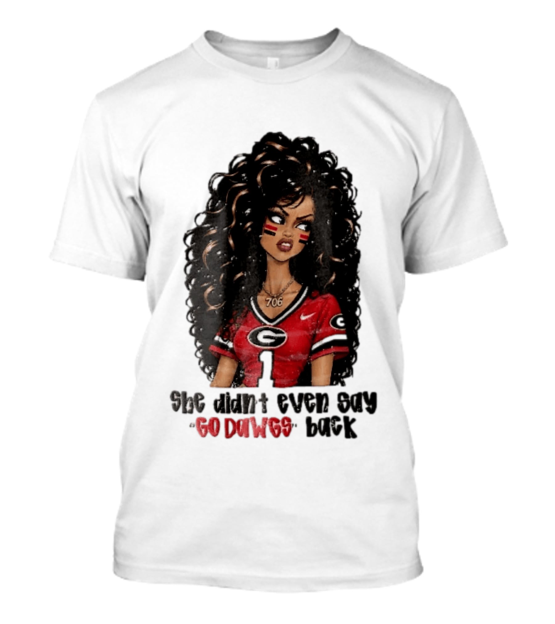 Georgia Bulldogs She Didn't Even Say Go Dawgs Cartoon Woman Curly Hair Red Jersey 706 T-Shirt