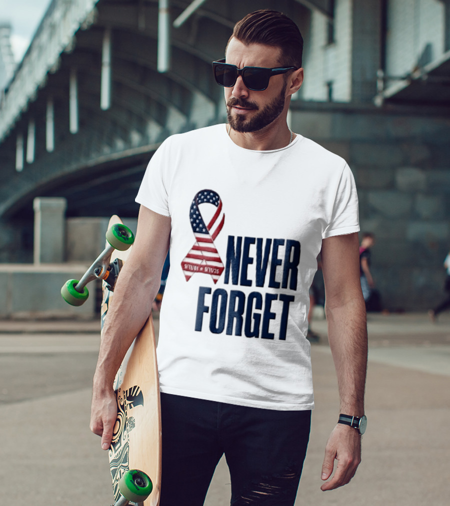Never Forget 9/11 American Flag Awareness Ribbon T-Shirt