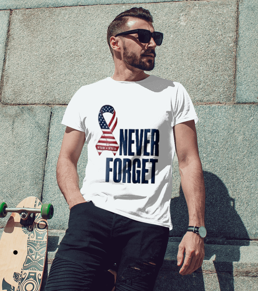 Never Forget 9/11 American Flag Awareness Ribbon T-Shirt