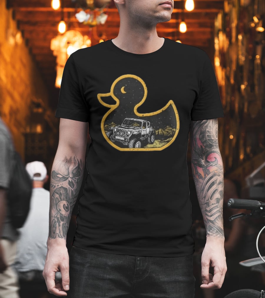 Distressed Yellow Duck Jeep Mountains Night Sky Crescent Moon T-Shirt