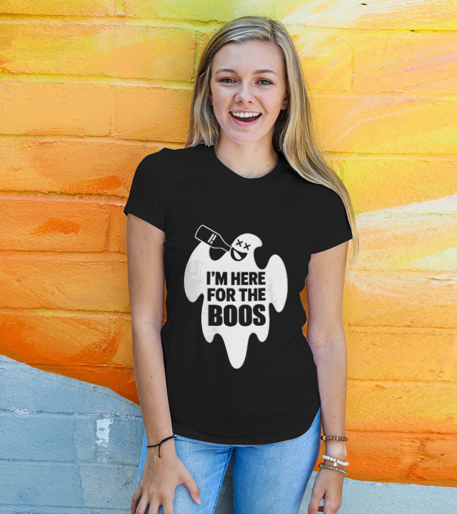 I'm Here For The Boos Cartoon Ghost Drinking Alcohol Bottle T-Shirt