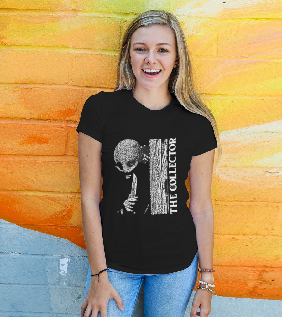 The Collector Masked Figure Knife Wooden Door Peeking Halftone T-Shirt