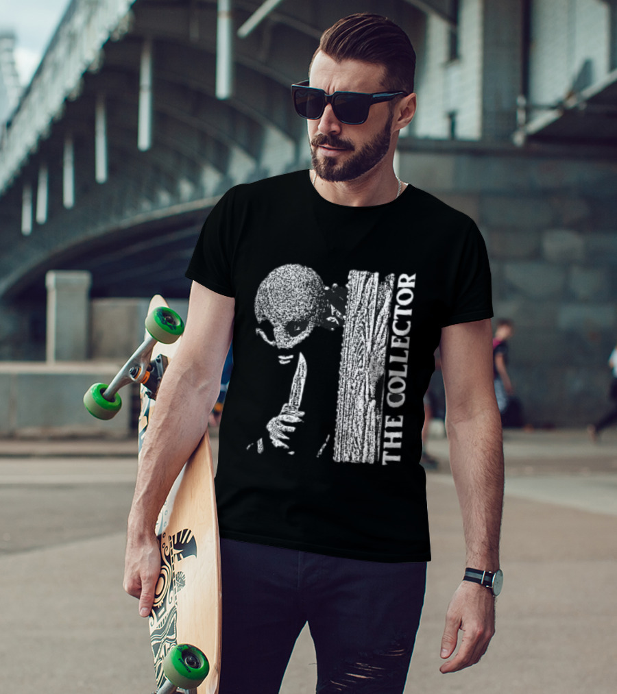 The Collector Masked Figure Knife Wooden Door Peeking Halftone T-Shirt