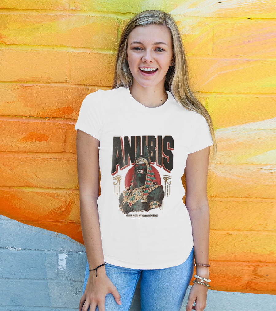 Anubis Jackal Headed Egyptian God Distressed No Soul Passes Without Being Weighed Sun T-Shirt