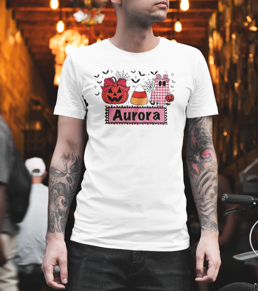 Aurora Halloween Pumpkin Ghost Candy Corn And Spiderwebs T-Shirt
