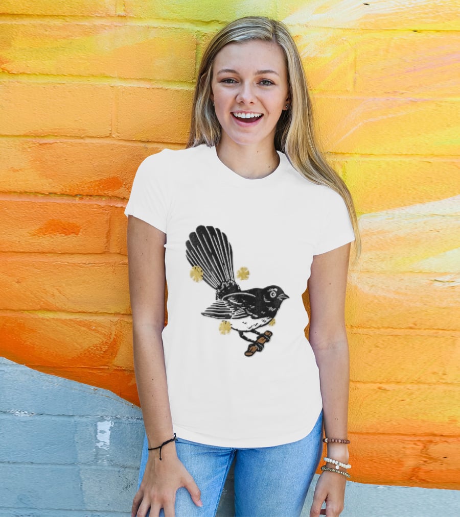 Black White Linocut Fantail Bird Branch Yellow Flowers T-Shirt