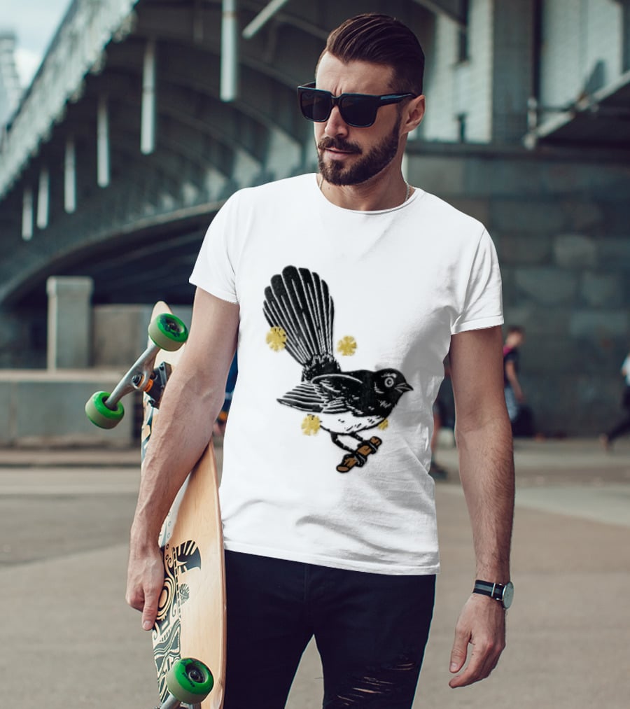 Black White Linocut Fantail Bird Branch Yellow Flowers T-Shirt