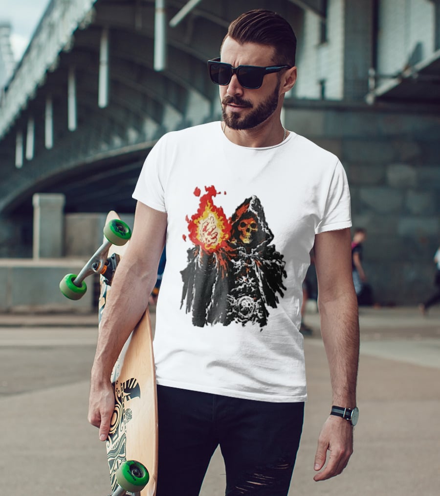 Hooded Skeleton Sorcerer With Glowing Red Fireball T-Shirt