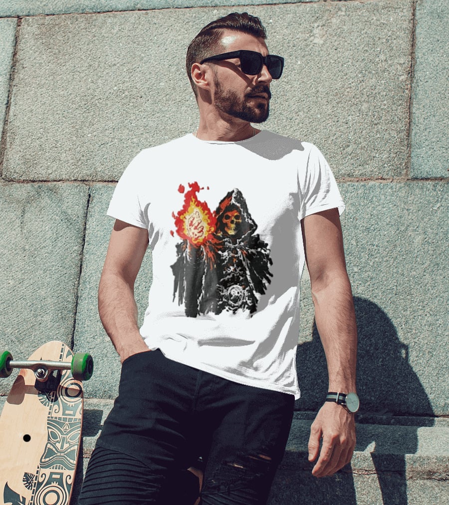 Hooded Skeleton Sorcerer With Glowing Red Fireball T-Shirt