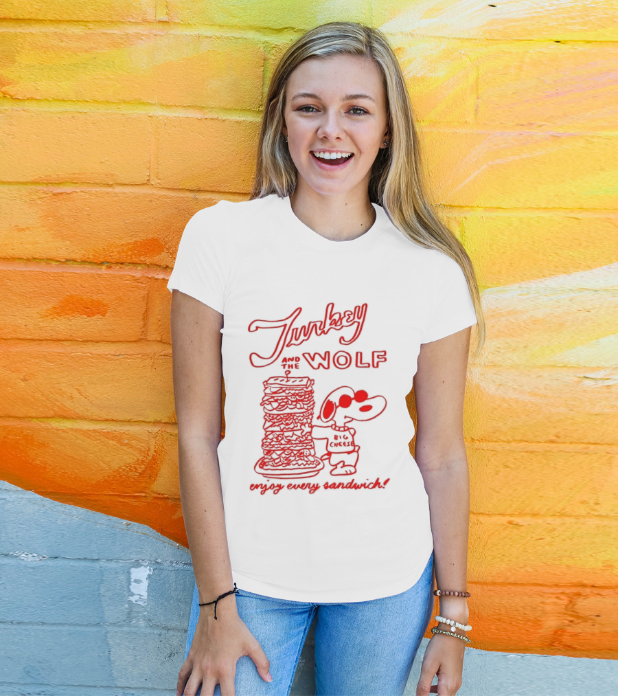 Turkey And The Wolf Big Cheese Enjoy Every Sandwich Stacked Cartoon Concept T-Shirt