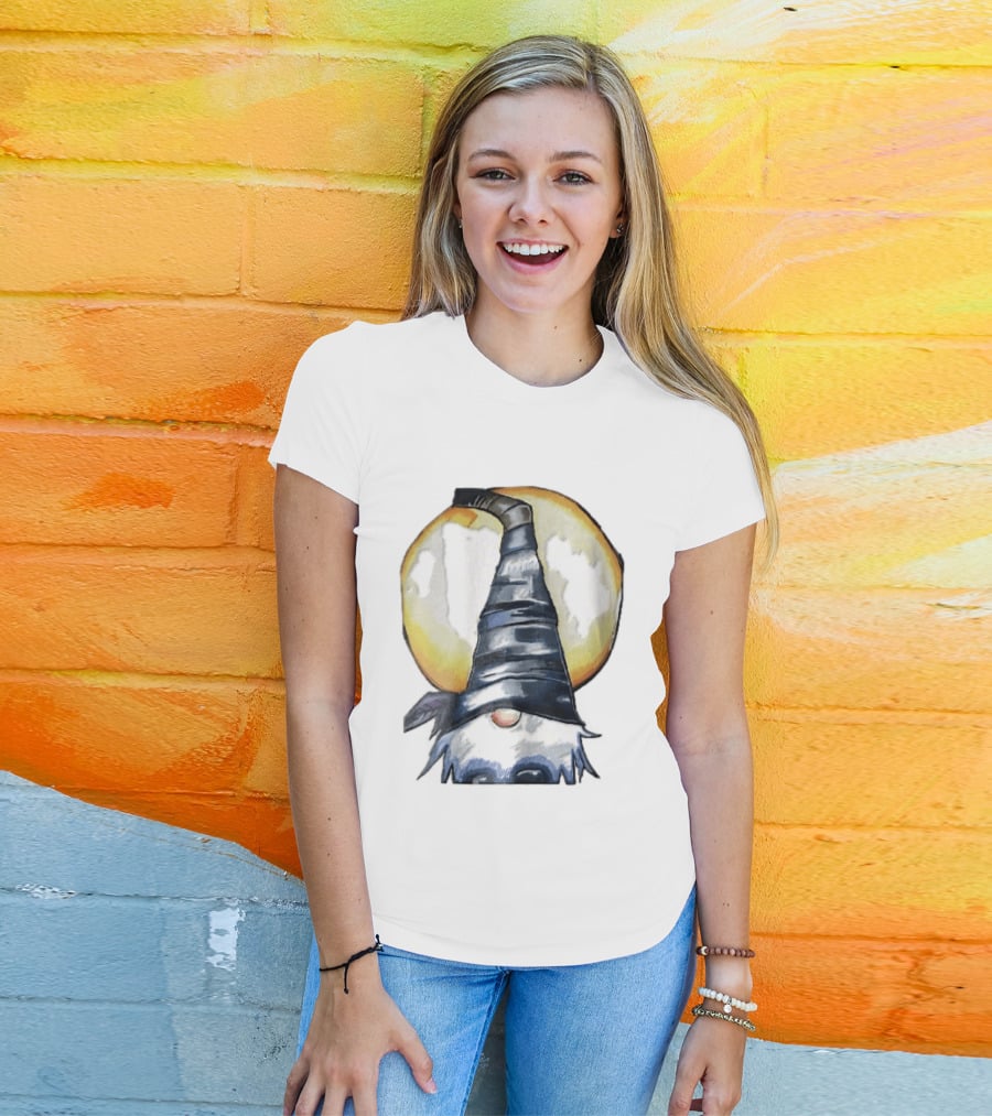 Vichys Cartoon Halloween Witch Gnome Moon Glow Hat T-Shirt