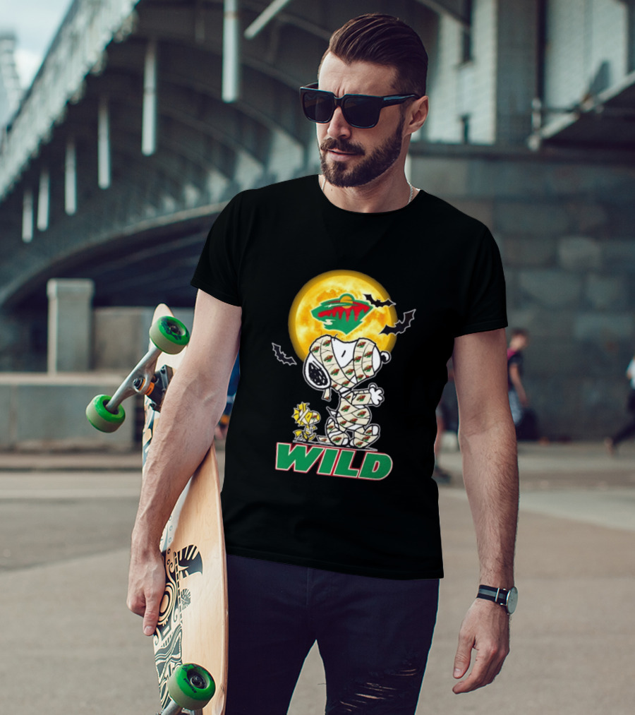 Minnesota Wild Snoopy Woodstock Mummy Halloween Moon Bats T-Shirt