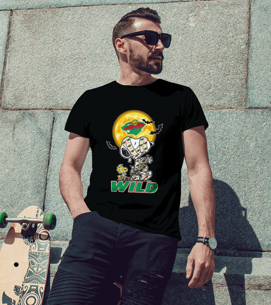 Minnesota Wild Snoopy Woodstock Mummy Halloween Moon Bats T-Shirt