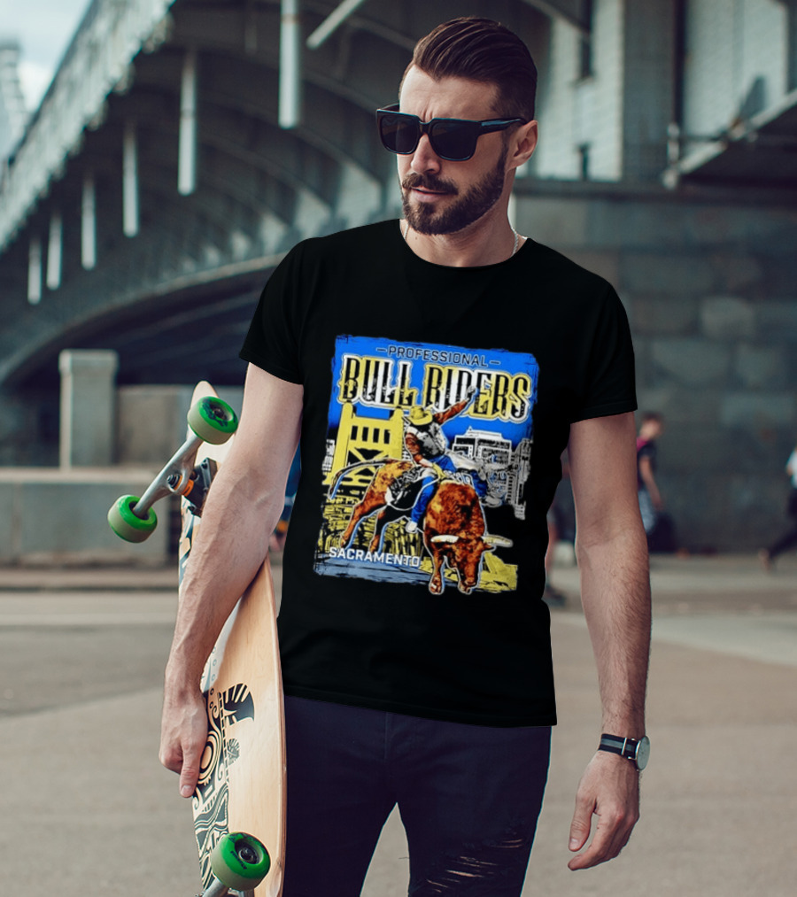 Professional Bull Riders Sacramento Cowboy Riding Bull Cityscape T-Shirt