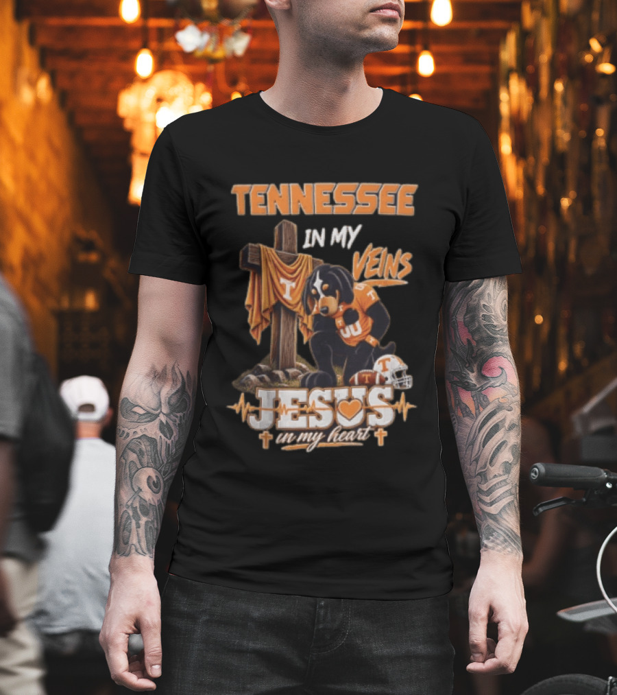 Tennessee In My Veins Jesus In My Heart Dog Cross Football Helmet T-Shirt