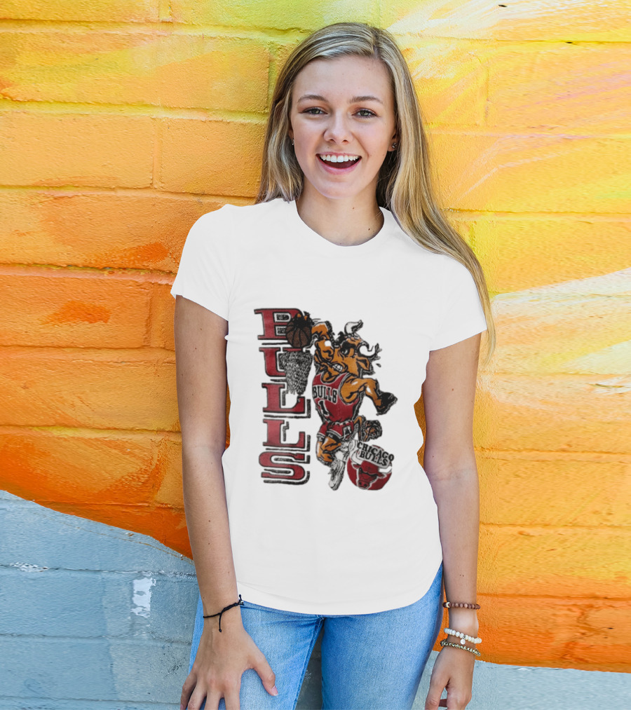 Chicago Bulls Bull Dunking Basketball Hoop NBA Cartoon Caricature T-Shirt