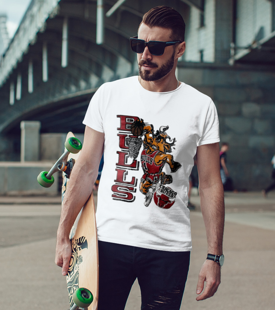 Chicago Bulls Bull Dunking Basketball Hoop NBA Cartoon Caricature T-Shirt
