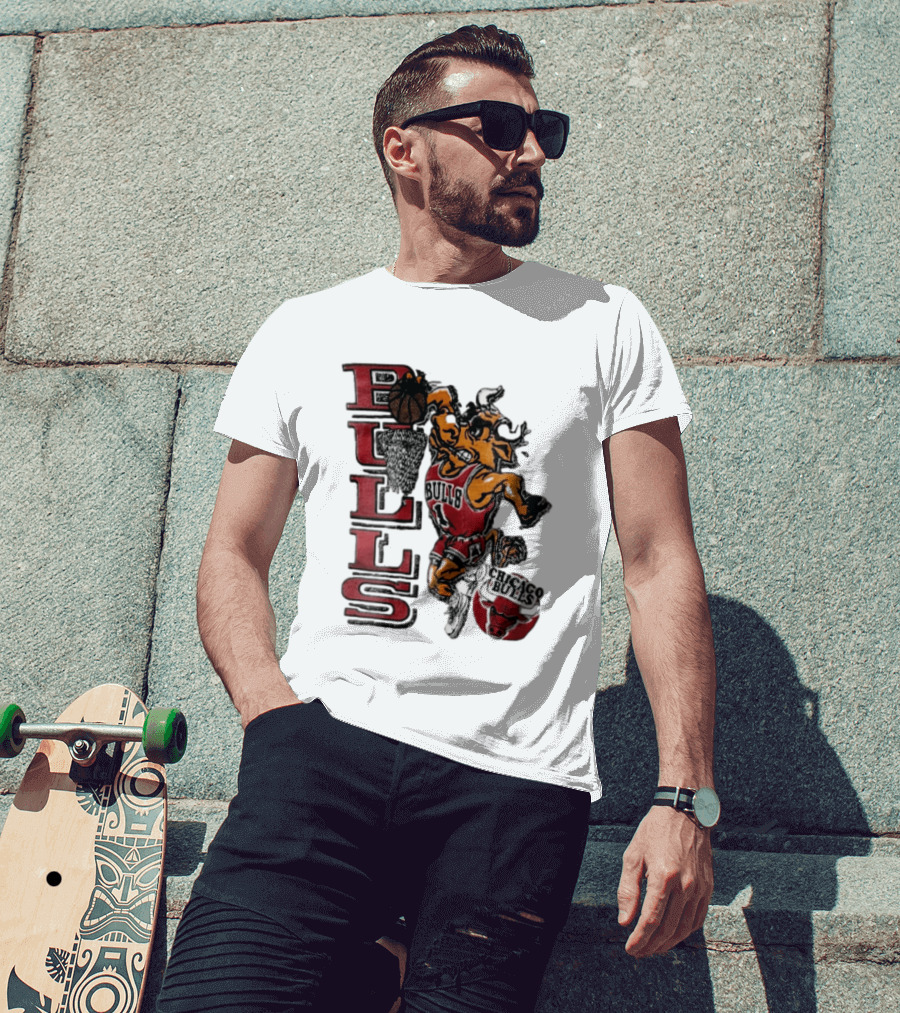 Chicago Bulls Bull Dunking Basketball Hoop NBA Cartoon Caricature T-Shirt