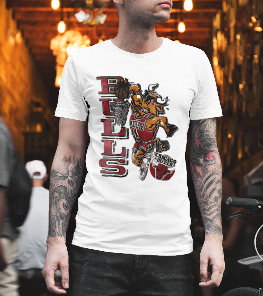Chicago Bulls Bull Dunking Basketball Hoop NBA Cartoon Caricature T-Shirt