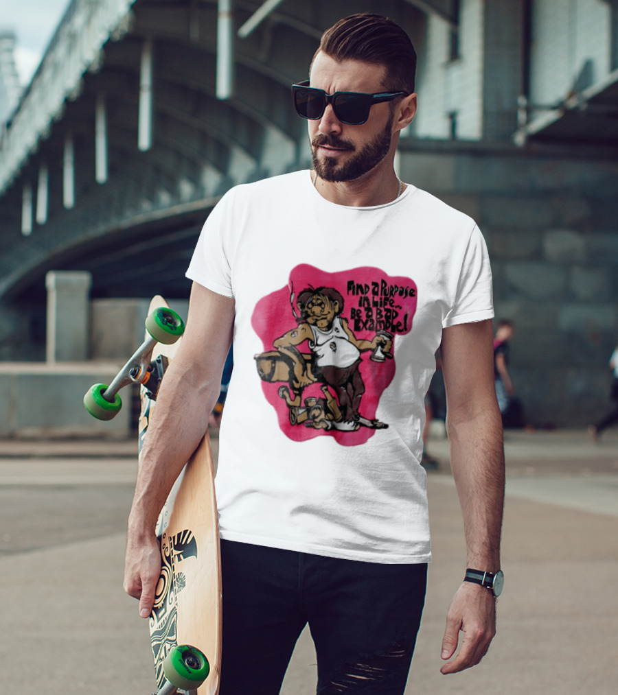 Find A Purpose In Life Be A Bad Example Cartoon Disheveled Man Smoking Cigarette Empty Bottles T-Shirt