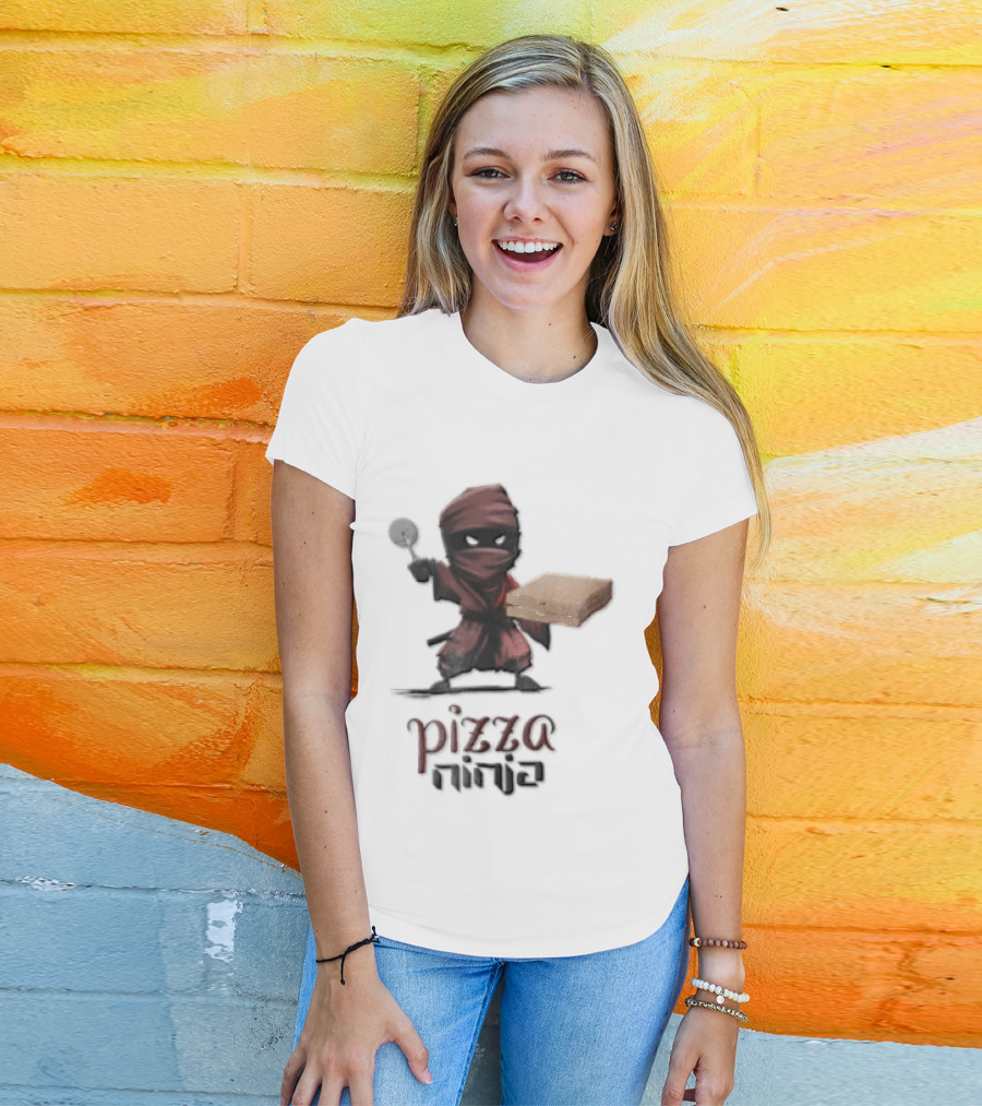 Pizza Ninja Red Masked Cartoon Figure Holding Cardboard Box T-Shirt