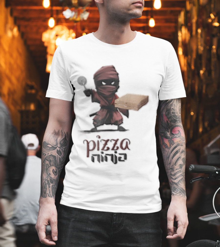 Pizza Ninja Red Masked Cartoon Figure Holding Cardboard Box T-Shirt