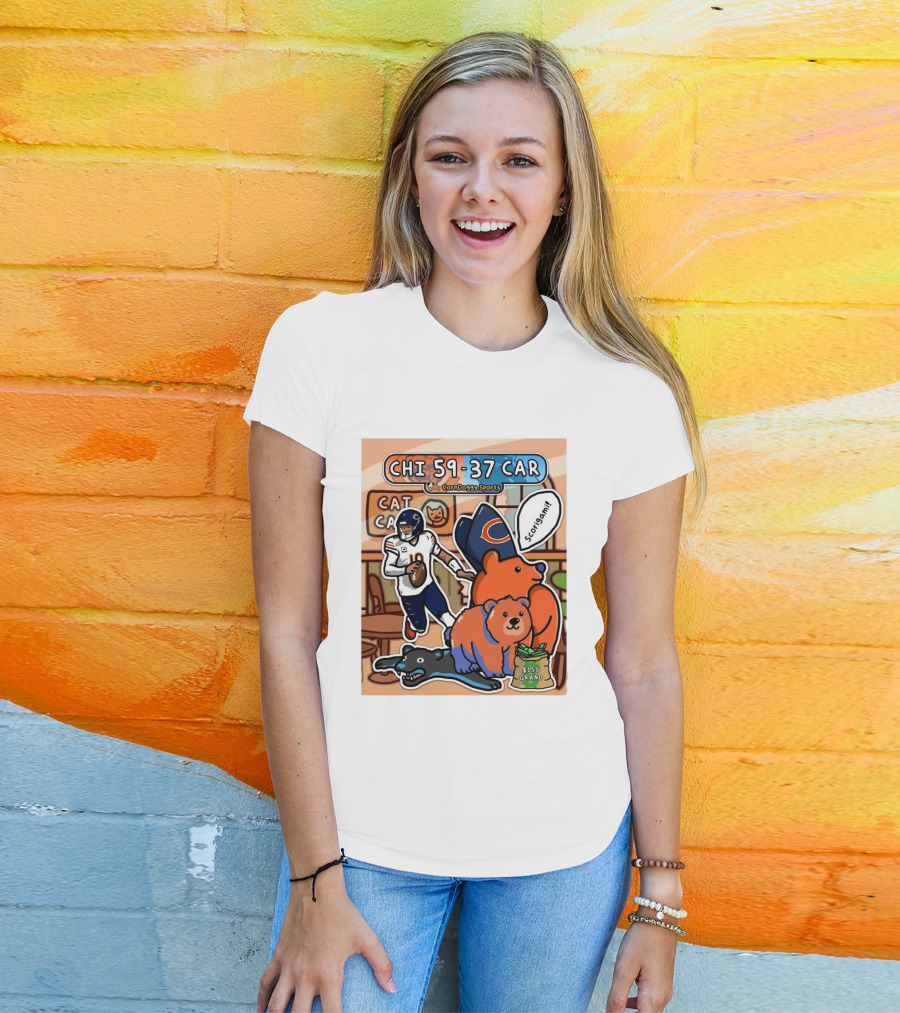 CHI 59 37 CAR CornDoggy Sports Chicago Bears Vs Carolina Panthers Scorigami Cat Café $150 Grand T-Shirt