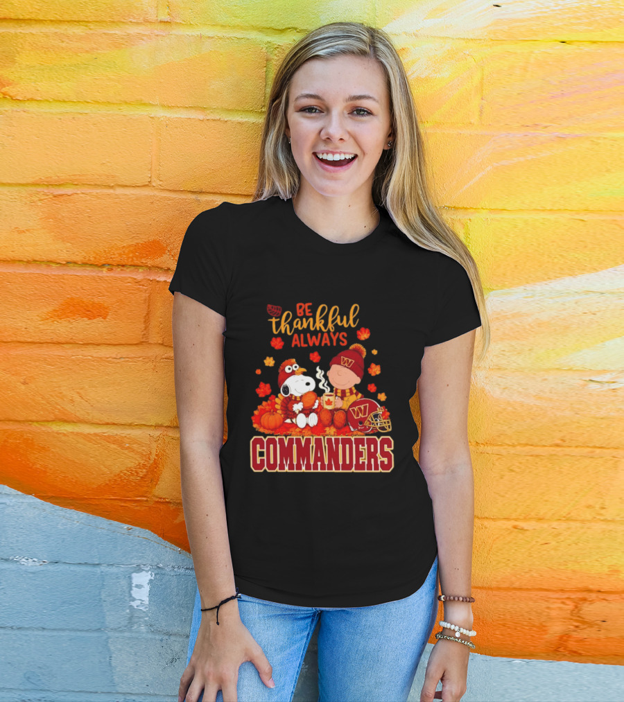 Be Thankful Always Snoopy And Charlie Brown With Commanders Autumn Leaves T-Shirt