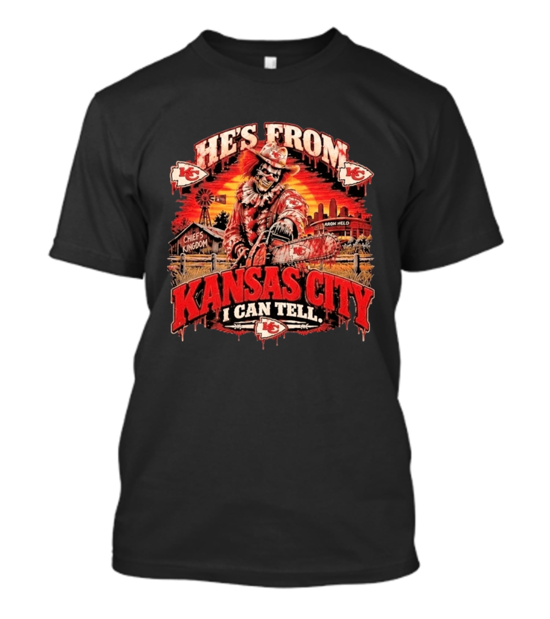 Kansas City Chiefs He's From Kansas City I Can Tell Horror Kingdom NFL Chiefs Logo Scary Chainsaw T-Shirt