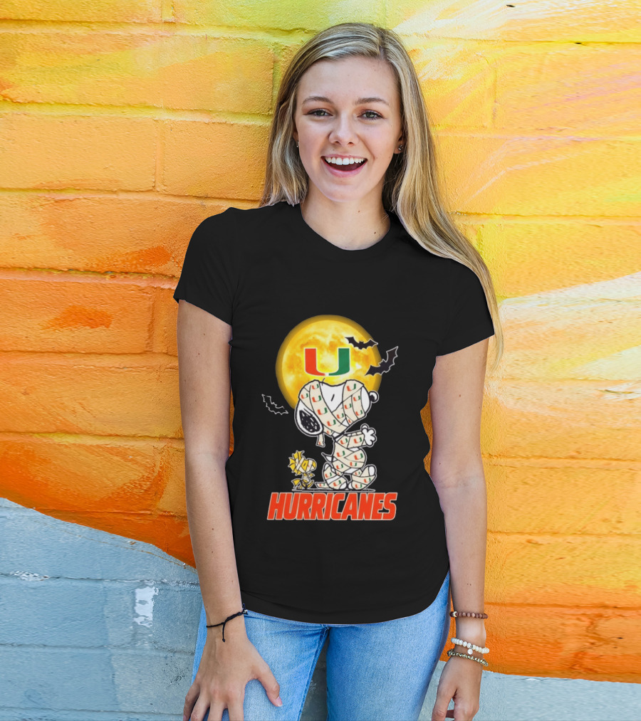 Miami Hurricanes Snoopy Woodstock Mummy Halloween Moon Bats T-Shirt