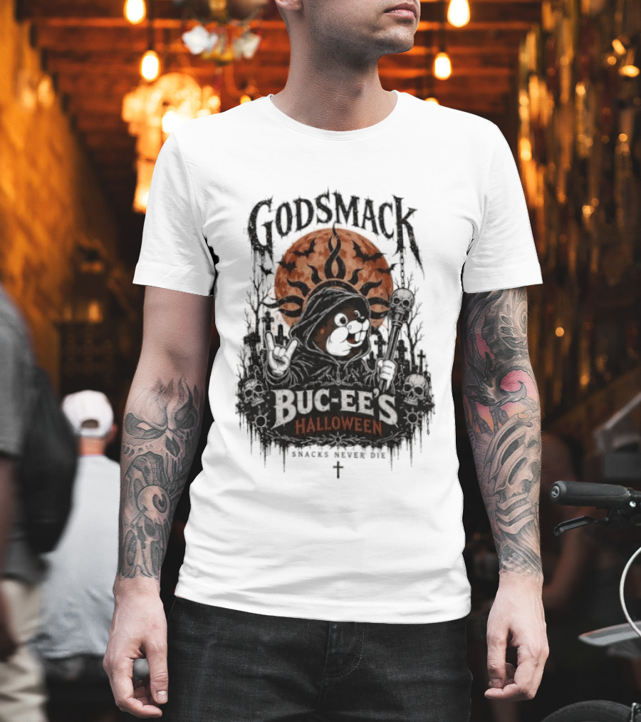 Godsmack Buc Ee's Halloween Snacks Never Die Skulls And Sun T-Shirt