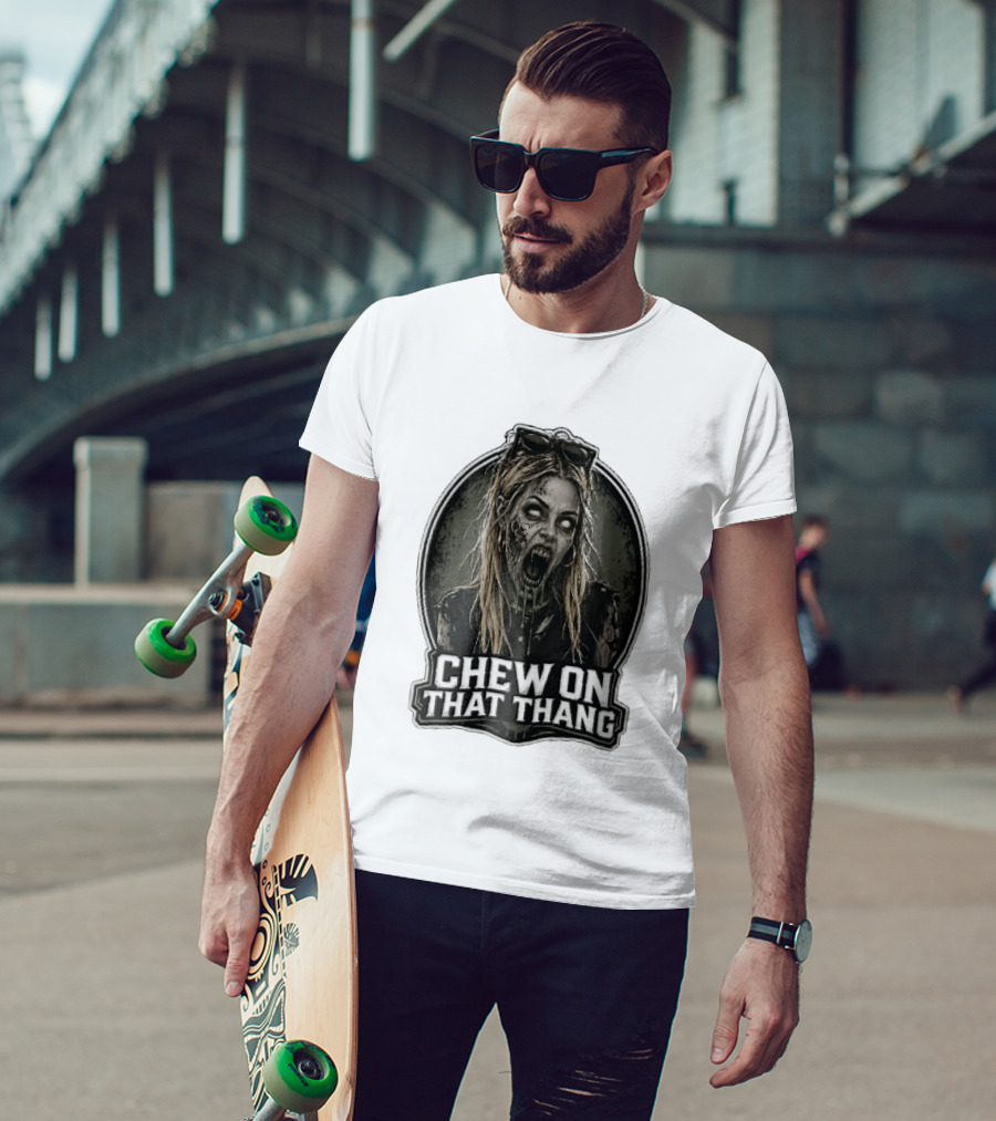 Chew On That Thang Zombie Blonde Woman Open Mouth Green Slime Sunglasses T-Shirt
