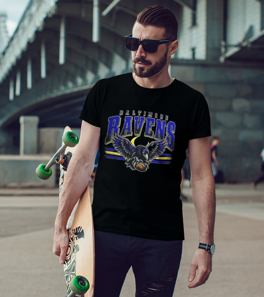 Baltimore Ravens Distressed Flying Bird Holding Football With Stripes T-Shirt
