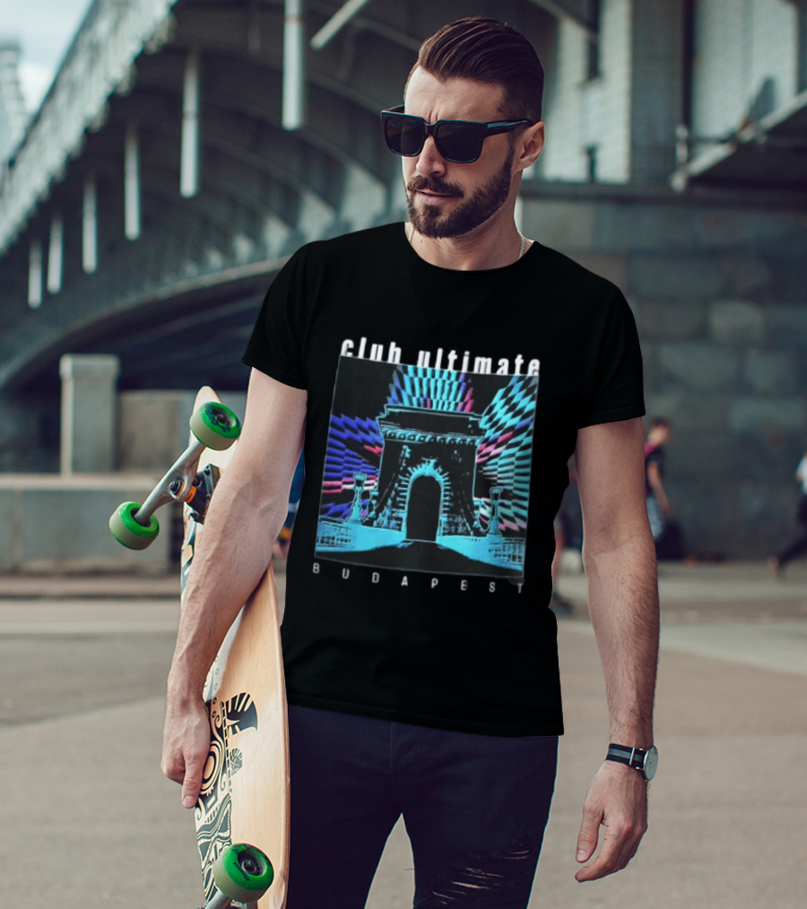 Club Ultimate Budapest Szechenyi Chain Bridge Neon Checkerboard Arch T-Shirt