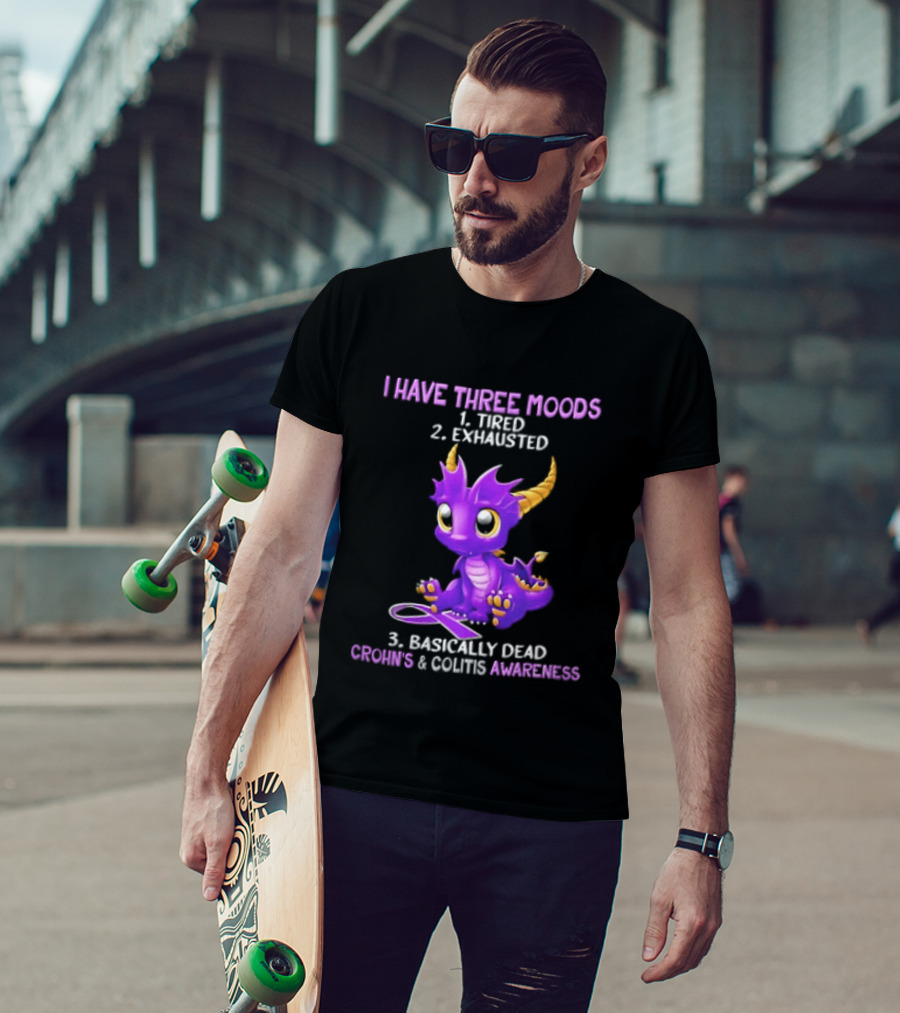 I Have Three Moods Tired Exhausted Basically Dead Crohns Colitis Awareness Purple Dragon Cartoon T-Shirt